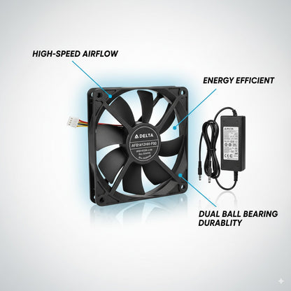 DELTA 140mm 12V 4.5A Cooling Fan– High-Speed, Dual Ball Bearing EXHAUST Fan With power supply