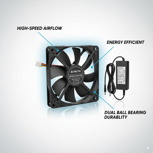 DELTA 140mm 12V 4.5A Cooling Fan– High-Speed, Dual Ball Bearing EXHAUST Fan With power supply
